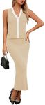 Pink Queen Women's 2 Piece Sleeveless Outfits V Neck Button Down Tank Top High Waist Slit Knit Skirt 2025 Summer Dress Set Beige XL