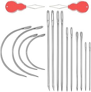 Heavy Duty Hand Sewing Needles Kit, 14 PCS Leather Sewing Needles with 10 Leather Hand Sewing Needle and 4 Curved Needle for Home Upholstery, Leather Needles for Hand Sewing, Carpet Canvas Repair