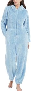 Kissonic Women's Onesies Pajamas Sherpa Fleece One Piece Romper Zipper Cute Hooded Jumpsuit Pajama Loungewear, Blue, Medium