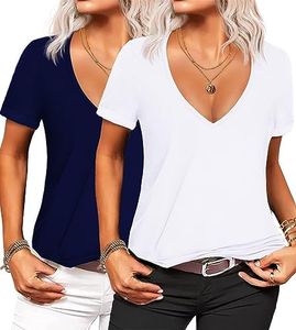 Beyove Women's Deep V T-Shirt Summer Short Sleeve Loose Casual Top, Pack of 2 Navy Blue White