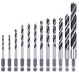 NordWolf 12-Piece Brad Point Wood Drill Bit Set for Carpenter Woodworking, Double Flutes Design with 1/4" Hex Shank, SAE Sizes 1/8" to 1/2"