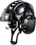 SAFEBUILDER Safety Helmet with Visor Bluetooth Ear Muffs SNR 26dB Hard Hat with Visors Mounted Ear muff Hardhats Vented ANSI Z89.1 (Black Hat Wtih Clear & Tinted Visor & Bluetooth Ear Muffs)