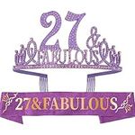 27th Birthday Sash and Tiara for Women - Fabulous Set: Glitter Sash + Fabulous Rhinestone Purple Premium Metal Tiara for Women, 27th Birthday Gifts for 27th Birthday Party