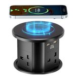 Pop Up Socket with Wireless Fast Charging, 8 Outlets, 2 USB-A, 2 USB-C, 15W Wireless Charging, Flame Retardant PC, Tempered Glass for Desk Countertops and Kitchen Worktops