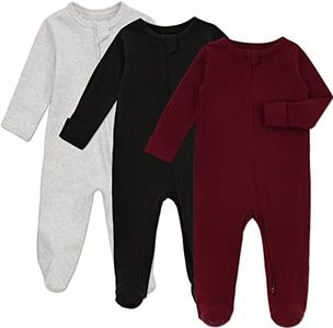 Aablexema Baby Footie Pajama with Mitten Cuffs, Double Zipper Infant Cotton clothes Sleeper Pjs, Footed Sleep Play(Grey&Black&Wine Red,0-3 Months)