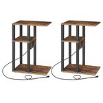 HOOBRO C Shaped End Table Set of 2 with Charging Station, Side Table with 2 USB Ports and Outlets, TV Tray Table, Couch Table for Small Spaces, Living Room, Bedroom, Rustic Brown and Black BF62USFP201