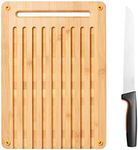 Fiskars Bamboo Chopping Board and Bread Knife, Functional Form, Bamboo/Japanese Stainless Steel/Plastic, 1057551