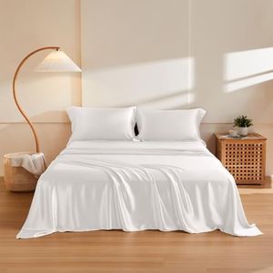 THXSILK Silk Sheet Set 4 Pcs, 6A+ Top Grade 100% Natural Mulberry Silk Bed Sheets, Luxury Bedding Sets -Ultra Soft Durable, 1 Fitted Sheet, 1 Flat Sheet and 2 Pillow Shams (King, Cream White)