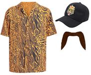 Adults Tiger Keeper Costume - Medium - Tiger Print Shirt, Hat and Brown Tash - Adults Joe Exotic Cult Icon Halloween Fancy Dress Costume