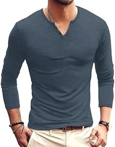 NUOKESASI Men's Casual Slim Fit Basic Henley Long Sleeve Fashion T-Shirt Blue Gray-Medium