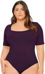 OYOANGLE Women's Plus Size Basic Short Sleeve Bodysuit Scoop Neck T Shirts Bodysuit Purple 2XL