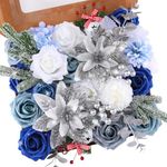 Floweroyal Poinsettia Artificial Christmas Flowers Mix Silk Flowers Fake Roses with Stems for Wedding Bridal Bouquets, Table Centerpieces, Home Christmas Decorations(Silver&Blue&White)