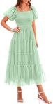 PRETTYGARDEN Women's Smocked Midi Tulle Dress 2025 Summer Puffy Short Sleeve Square Neck Ruffle Wedding Guest Party Dresses (Light Green,X-Large)