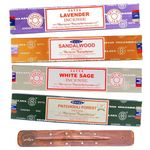 Satya Nag Champa Incense Sticks - 4 unique and premium flavours - Lavender, Sandalwood, White Sage, Patchouli Forest and comes with SAMASIA incense holder