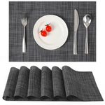 Myir JUN Table Mats Set of 6, Place Mats Table Placemats Washable Non-slip Heat Insulation Woven Vinyl for Kitchen Dinning Restaurant 17"X12" (Dark Gray Black)