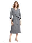 SIORO Lightweight Robes for Women Plus Size 2X Kimono Cotton Bath Robe Long Summer Fall Bathrobe Soft Sleepwear V-Neck Ladies Nightwear,Steel Gray XX-Large