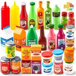 JOYIN 30Pcs Play Food Grocery Cans, Pretend Play Kitchen Accessories, Includes Drink, Juice, Jar, Seasoning, Water Bottle, Sauce, Yogurt, Ice Cream, Snack Box, Kids Gifts & Indoor Toys