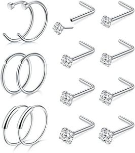 D.Bella 20G Nose Rings Hoops Threadless Push in Nose Rings Studs Surgical Steel L Shaped Nose Studs Piercings Nostril Piercing Jewelry 1.5mm 2mm 2.5mm 3mm Diamond CZ Silver