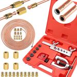 Tnisesm 3/16 Copper Coated Brake Line Kit 25 ft + Copper Aluminum Brake Line Double & Single Flaring Tool Kit,Consisting of 4 Unions Brake Line Fittings and 16 Fittings,45 Degrees, Red