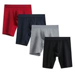 Nuofengkudu 4 Pack Men's Long Boxer Shorts Seamless Stretch Cotton Bulge Pouch Sports Hipster Underwear Breathable Longer Leg Briefs (Light Grey/Blue/Red/Black,XL)