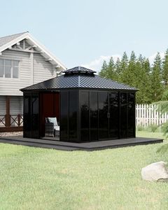 GarveeLife 12x12 ft Sunroom Hardtop Gazebo, Enclosed Gazebo with Floor-to-Ceiling Sliding Doors, All-Aluminum Alloy Frame, Screen Outdoor Room Solarium for Backyard, Patio, and Deck
