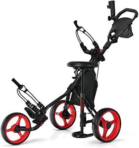 Tangkula Golf Push Pull Cart with Seat, Lightweight Folding 3 Wheels Golf Push Cart, Golf Trolley W/Storage Bag, Foot Brake, Adjustable Umbrella Holder & Seat, 4 Height Position Handle (Red)