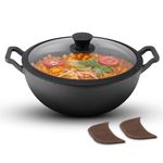 AGARO Royal Pre Seasoned Cast Iron Kadai with Glass Lid, No Chemical Coating, Rigid Iron Handle, 4.3L, Uni-Body Design, Fast Heating, Heavy Weight, Gas & Induction Oven Compatible, Frying and Cooking