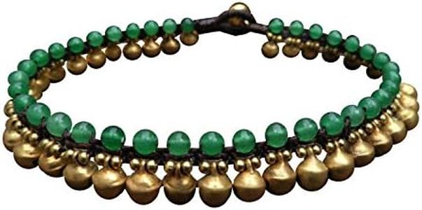 Infinityee888 Trendy Fashion Anklet Green Jade and Brass Bell Ankle Bracelet 10 Inches Woven with Wax Cord Beautiful Handmade Hippie Bohemian Style