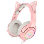 SIMGAL Pink Gaming Headset with Removable Cat Ears, Compatible with PC P S4 P S5 X box One(Adapter Not Included) Mobile Phones, with Surround Sound, RGB Backlight & Retractable Microphone