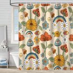 Greeston Vintage Floral Mushroom Shower Curtain for Bathroom, Retro Funky Boho Flower Shower Curtain with Hooks, Waterproof Polyester Bohemian Plant Bathroom Curtain 72 X 72 Inches