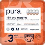 Pura Premium Eco Baby Nappies Size 3 (Midi 4-9kg / 9-20 lbs) Monthly Pack 6 x 33 per pack, 198 Nappies, EU Ecolabel Certified, Made with Organic Cotton, up to 12 hour Leakage Protection