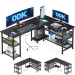 ODK L Shaped Gaming Desk, Reversible Computer desk with 2 Sockets and 2 USB Charging Ports, Corner Desk with Storage, Home Office Desk, Black, 150 x 102 cm