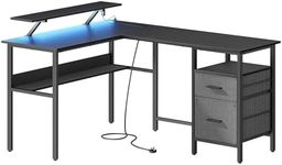 VASAGLE L-Shaped Desk with Power Outlets, Corner Desk, Computer Desk with Monitor Shelf, Gaming Desk with LED Lights, 2 Drawers, 2 USB Ports, Easy to Assemble, for Home Office, Ebony Black LWD095B02