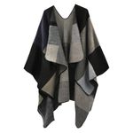 Ciormis Women's Cardigan Poncho Cape, Elegant Black Color Blocking Shawl Wrap, Warm Open Front Cardigan Scarf(Style34)