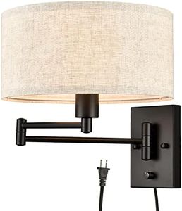SAMTEEN Black Plug in Swing Arm Wall Sconce Drum Shade Wall Lamp Modern Sconce with Fabric Shade Wall Mount Lamp for Bedroom Living Room