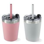 PandaEar Stainless Steel Cups, Toddler Sippy Cup with Spill-Proof Lids & Silicone Straws for Kids Children, Smoothie Baby Drinking Cup with Silicone Sleeve -8 oz (Pink Grey)