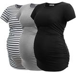 Smallshow Women's Maternity Shirts Tops Short Sleeve Ruched Pregnancy Clothes Medium White Stripe-Black-Grey