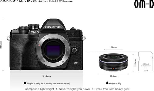 Olympus OM-D E-M10 Mark IV Camera Kit, 20MP, 4K, Wi-Fi, Black + 14-42mm Lens
