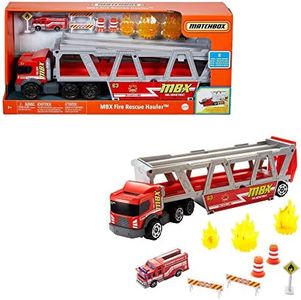 Matchbox Fire Rescue Hauler Playset Themed Hauler with 1 Fire-Themed Vehicle, Holds 16 Cars, Easy-Release Ramp, 8 Accessories & Storage, for Kids 3 Years Old & Up
