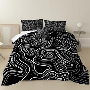 Black and White Comforter Set Black Abstract Bedding Comforter Black White Stripes Mountain River Texture Topographic 3D Modern Bedding Set Queen Size