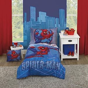 Marvel Spiderman Wall Crawler Red, White, and Blue Spider Webs 4 Piece Toddler Bed Set - Comforter, Fitted Bottom Sheet, Flat Top Sheet, and Reversible Pillowcase