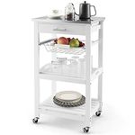 GOFLAME Kitchen Island Cart with Drawer, Rolling Kitchen Cart on Wheels with Stainless Steel Countertop, Metal Basket, Serving Tray, Lockable Casters, Utility Trolley Cart for Dining Room, White