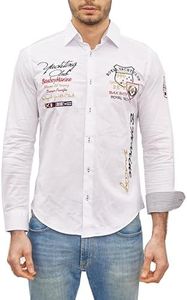 Subliminal Mode - Chemise Homme Brodée Moderne et Tendance Col Kent Manches Longues Rayée Coupe Ajustée BX508 Blanc M
