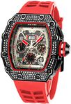 FANMIS Mens Bling Punk Diamond Chronograph Watches Fashion Style Silicone Band Sports Wrist Watch, Red multicolour, Chronograph