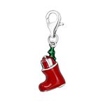 Quiges 925 Sterling Silver Red Enamel 3D Christmas Boot Lobster Clasp Charm Clip on Pendant