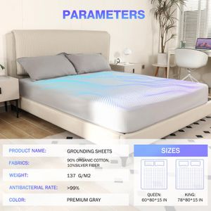 King Size Grounding Fitted Sheet – 10% Silver, Organic Cotton, Gray, 80x78x15”