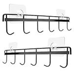 2 Pack Kitchen Adhesive Wall Hooks Rack Rail，kitchen utensil Stainless hooks for Hanging Spatulas Measuring Spoons Space Saving No Drilling Hanger with 6 Hooks for Bathroom Bedroom Closet （Black）