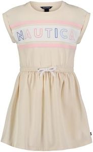 Nautica Girls' Short Sleeve Jersey Tee Dress with Elastic Cinched Waist, Fun Designs & Colors, White Swan Logo