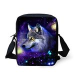 Binienty Zipper Crossbody Shoulder Bag for Kid Boys Girls, Animal Wolf Galaxy Print, Lightweight Messenger Bag