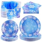durony 144 Pieces Frozen Paper Plates and Napkins Dinnerware Set Winter Snowflake Party Tableware Supplies Includes Paper Plates Napkins Forks Serve 24 for Christmas Party Supplies